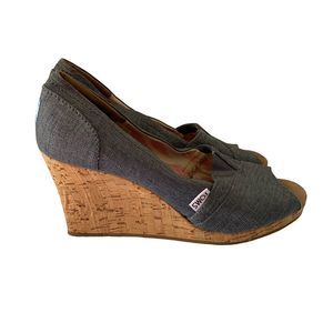 Toms Shoes Women Size 9 Blue Jean Denim Cork Wedge Peep Toe Sandle